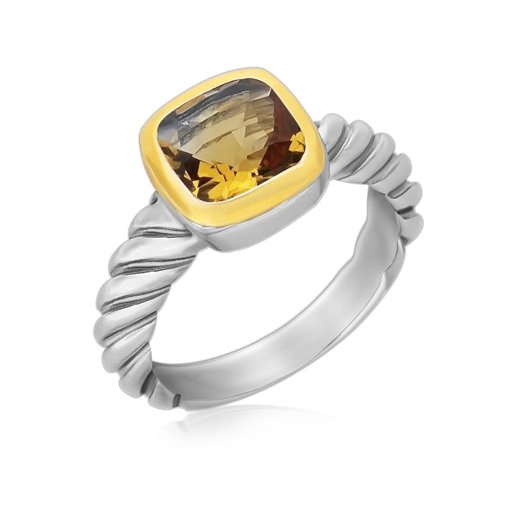 18K Yellow Gold and Sterling Silver Ring with Cushion Citrine and Cable Shank