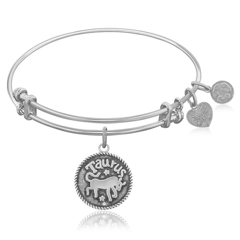 Expandable Bangle in White Tone Brass with Taurus Symbol