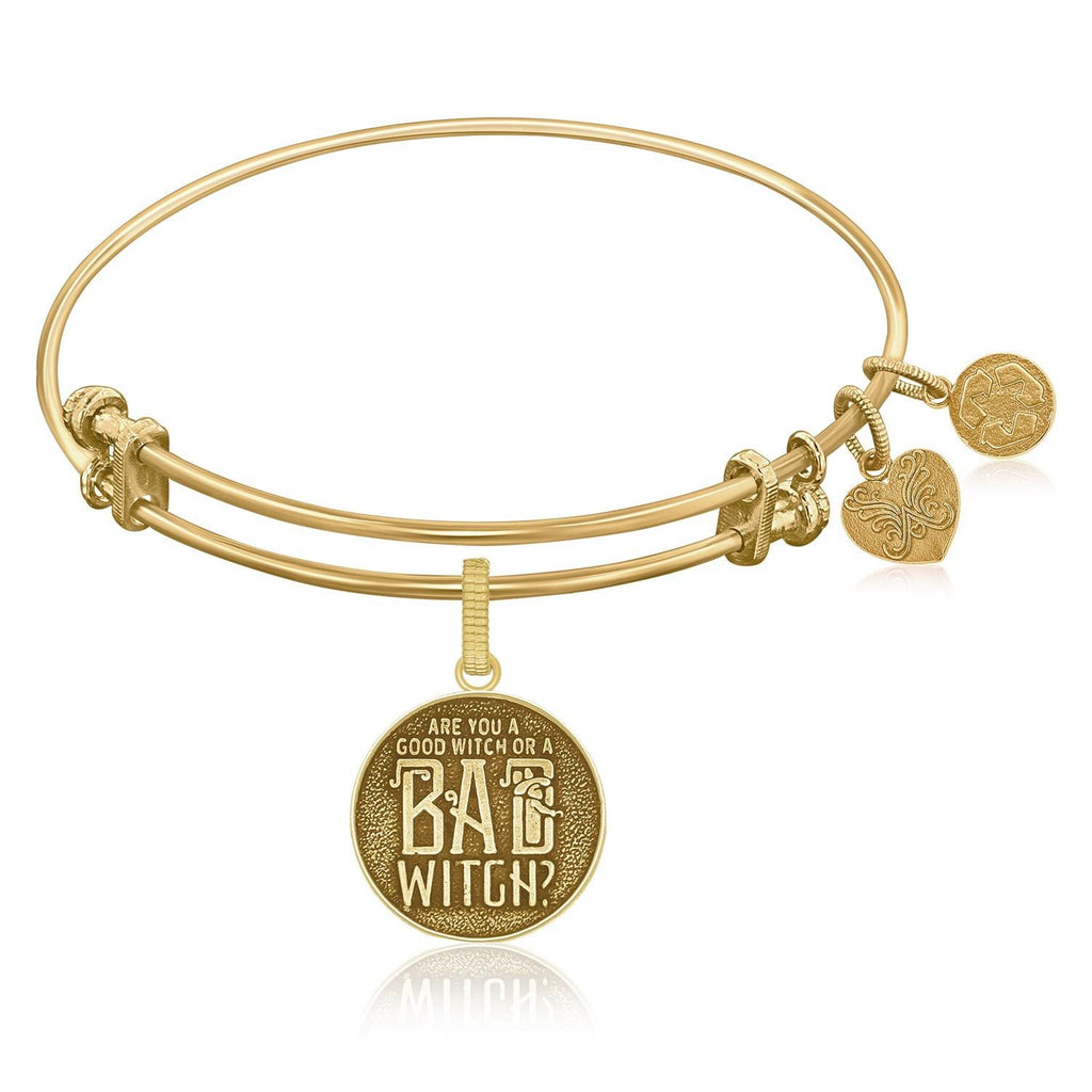 Expandable Bangle in Yellow Tone Brass with Good Witch Bad Witch Symbol