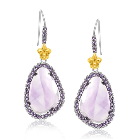 18K Yellow Gold & Sterling Silver Fleur De Lis Style Amethyst Drop Earrings