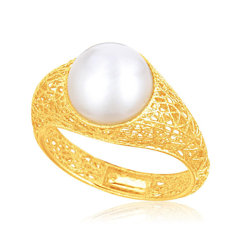 Italian Design 14K Yellow Gold Crochet Ring with Cultured Pearl