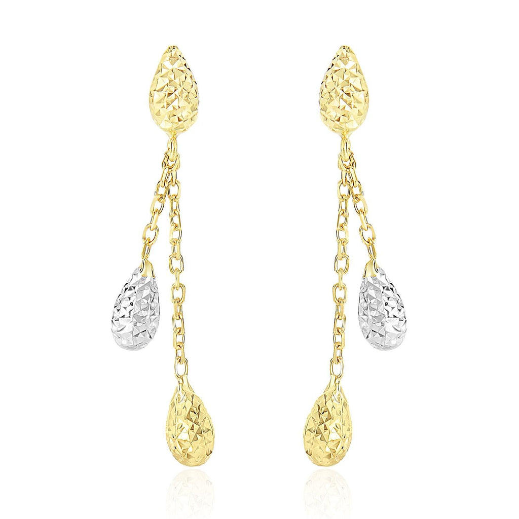 14K Two-Tone Gold Double Row Chain Earrings with Diamond Cut Teardrops