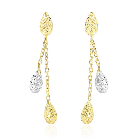 14K Two-Tone Gold Double Row Chain Earrings with Diamond Cut Teardrops