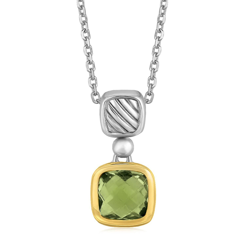 18K Yellow Gold and Sterling Silver Necklace with Cushion Green Amethyst Pendant