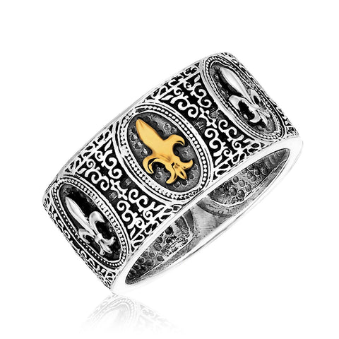 18K Yellow Gold & Sterling Silver Fleur De Lis Baroque Ring