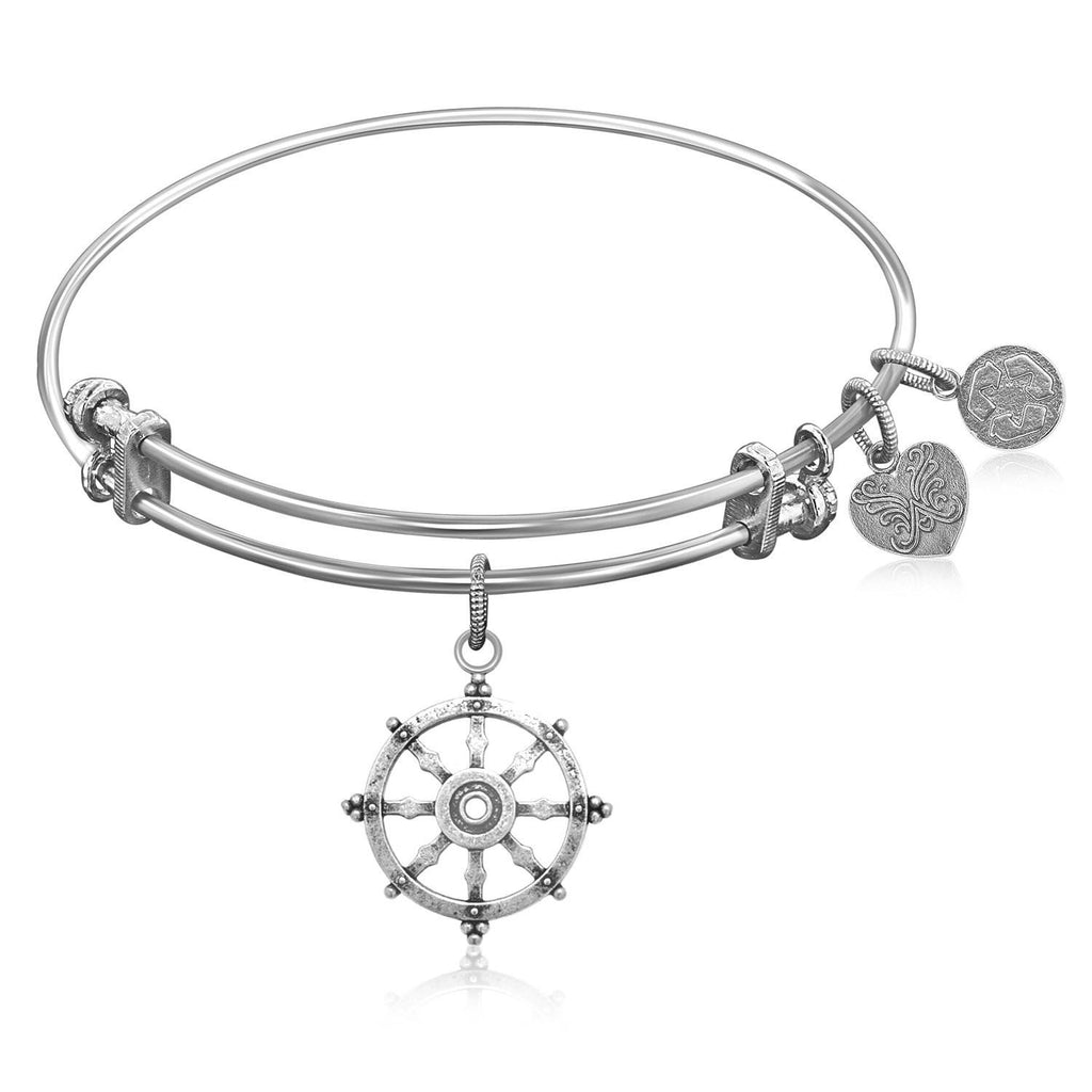 Expandable Bangle in White Tone Brass with Wheel Of Dharma Unification Symbol