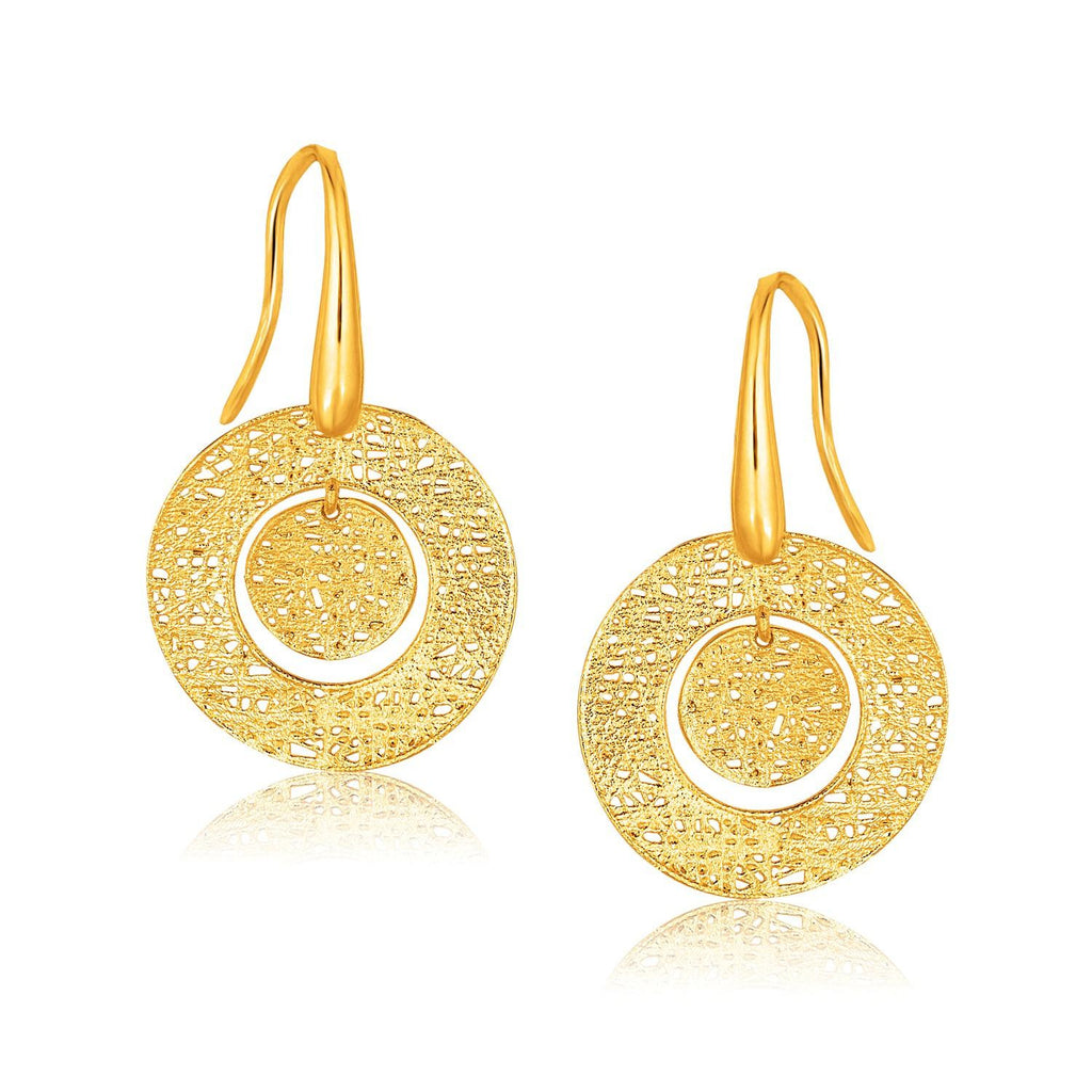 14K Yellow Gold Textured Weave Disc Earrings