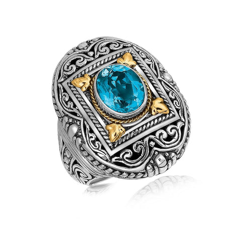 18K Yellow Gold and Sterling Silver Ring with a Framed Blue Topaz Accent