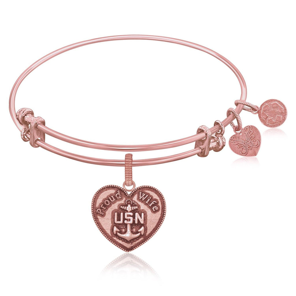 Expandable Bangle in Pink Tone Brass with U.S. Navy Proud Wife Symbol