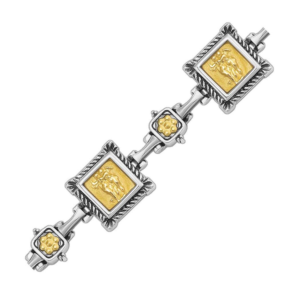 18K Yellow Gold and Sterling Silver Bracelet with Relief Style Square Links