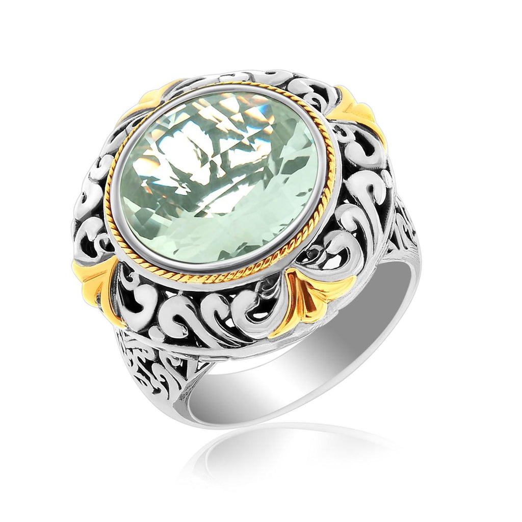 18K Yellow Gold and Sterling Silver Vintage Design Ring with a Green Amethyst