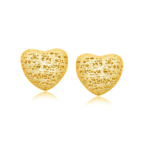 14K Yellow Gold Puffed Heart Motif Lace Stud Earrings