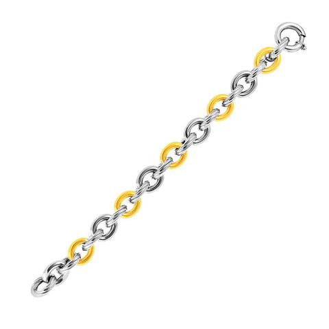 18K Yellow Gold & Sterling Silver Oval Rolo Style Link Textured Bracelet