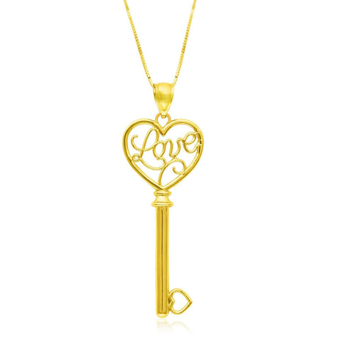 14K Yellow Gold Skeleton Key Style LOVE Pendant