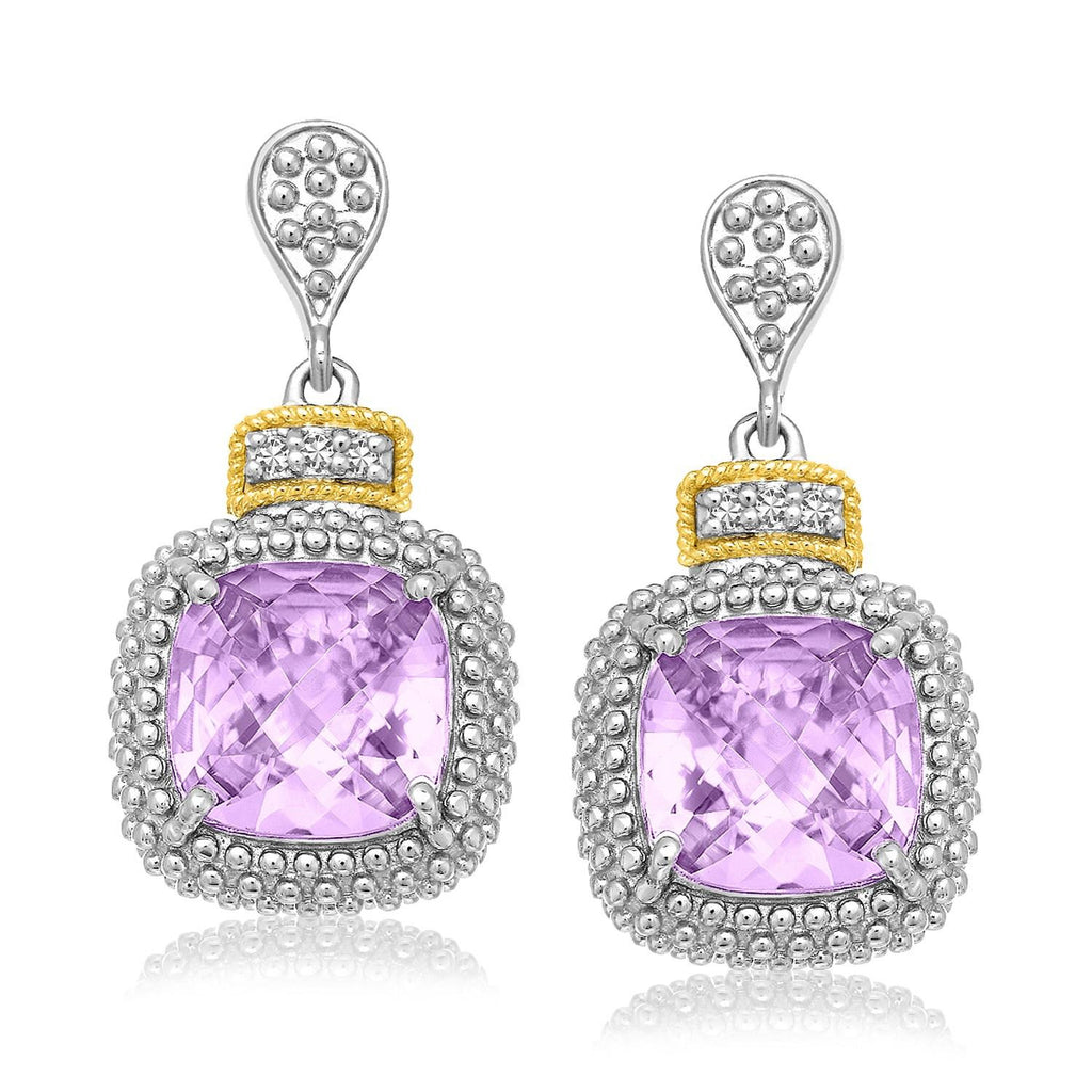 18K Yellow Gold & Sterling Silver Cushion Amethyst & Diamond Earrings (.05ct tw)