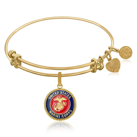 Expandable Bangle in Yellow Tone Brass with U.S. Marine Corps Symbol