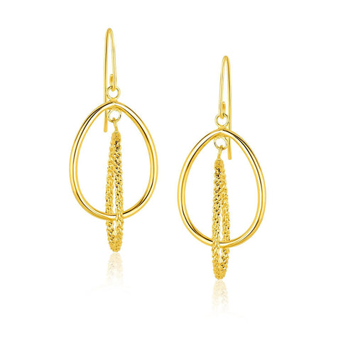 14K Yellow Gold Dangling Earrings with Teardrop and Textured Rows