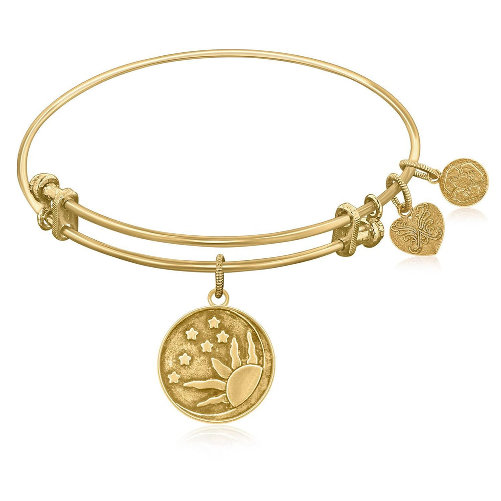 Expandable Bangle in Yellow Tone Brass with Sun, Moon And Stars Symbol