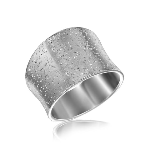 Sterling Silver Stardust Textured Rhodium Plated Concave Ring