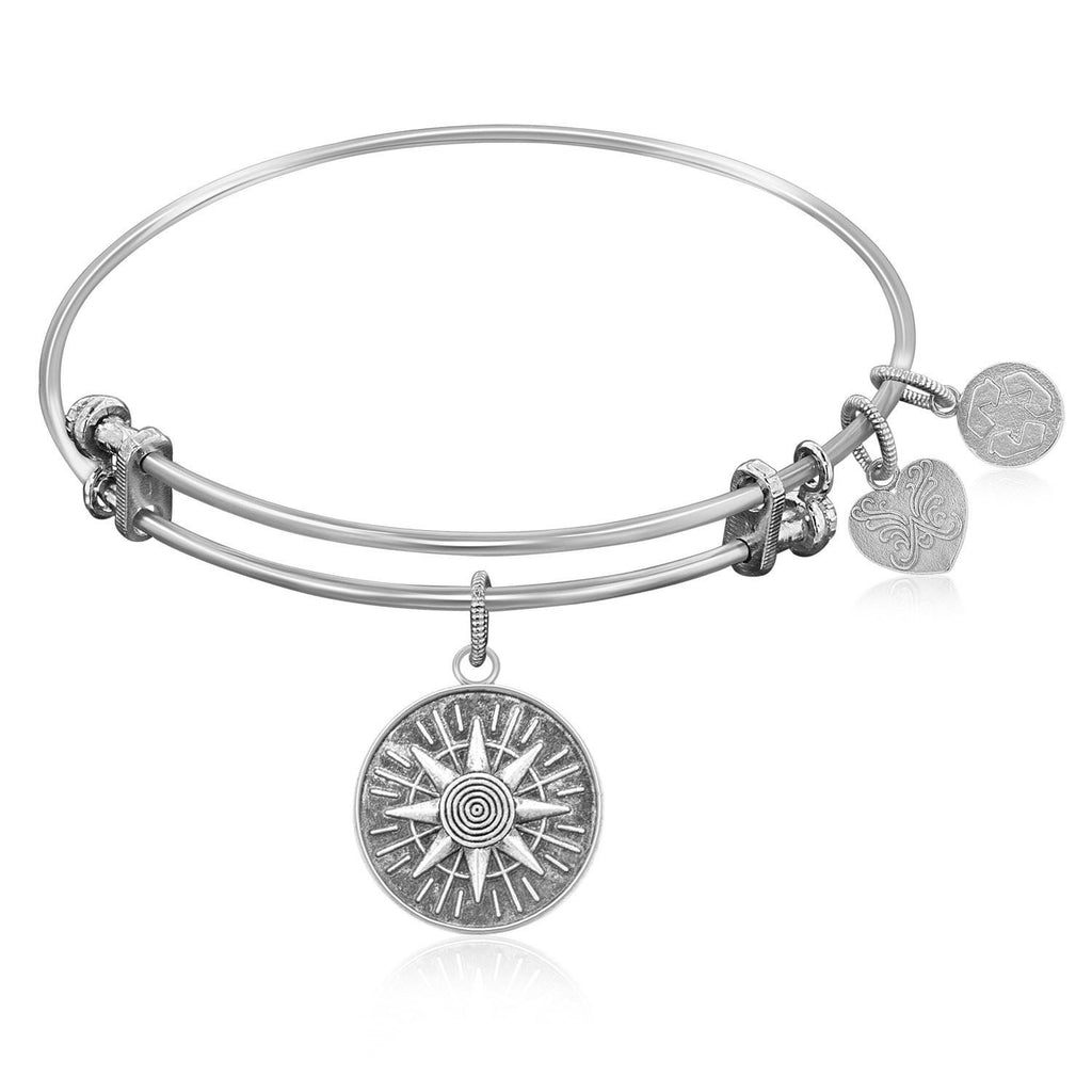 Expandable Bangle in White Tone Brass with Compass Personal Direction Symbol