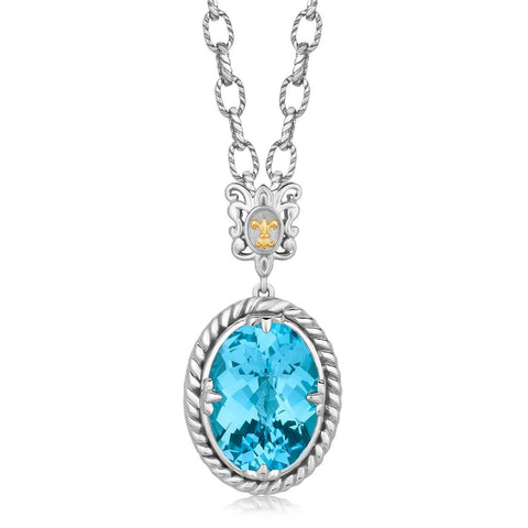 18K Yellow Gold and Sterling Silver Necklace with a Blue Topaz Crystal Pendant