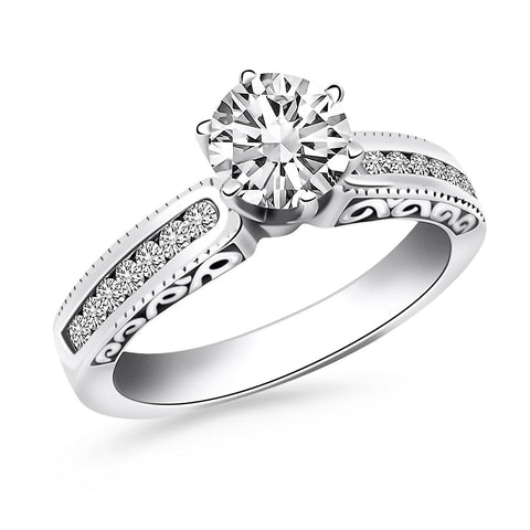 14K White Gold Channel Set Engagement Ring with Engraved Sides