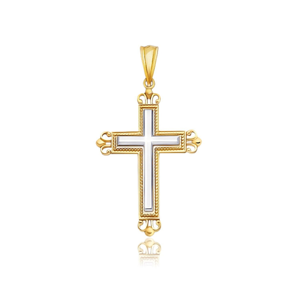 14K Two-Tone Gold Cross Pendant with an Ornate Budded Style