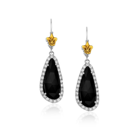 18K Yellow Gold & Sterling  Silver White Sapphire and Black Onyx Earrings