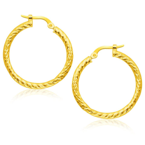 14K Yellow Gold Tube Textured Design Hoop Earrings