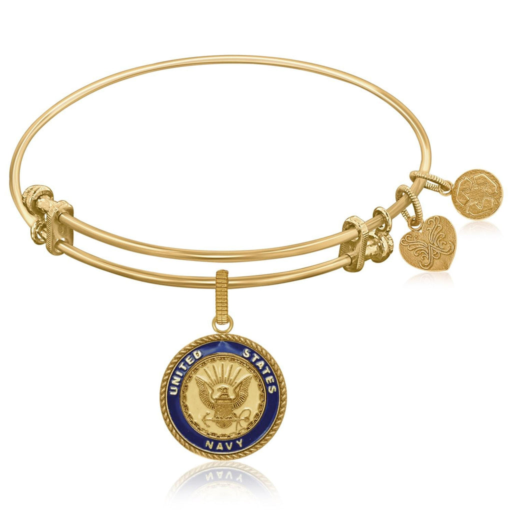 Expandable Bangle in Yellow Tone Brass with Enamel U.S. Navy Symbol