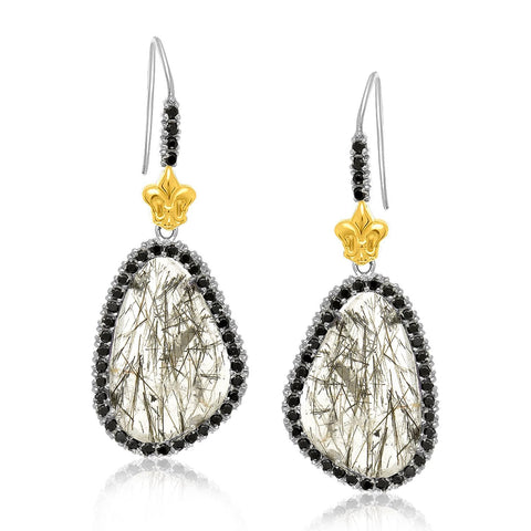 18K Yellow Gold & Sterling Silver Black Spinel Rutilated Quartz Earrings