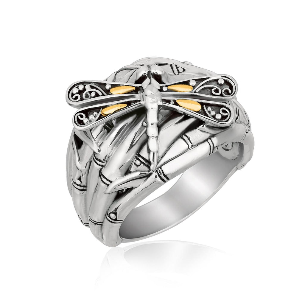 18K Yellow Gold and Sterling Silver Branches and Dragonfly Motif Ring