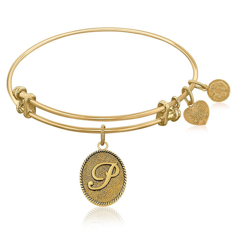 Expandable Bangle in Yellow Tone Brass with Initial P Symbol