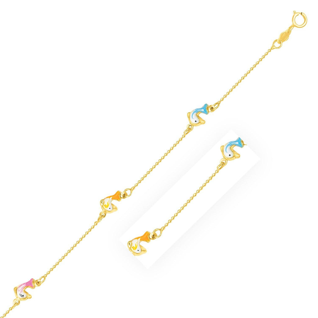 14K Yellow Gold Children's Bracelet with Dolphin Stations