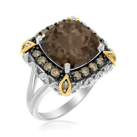 18K Yellow Gold & Sterling Silver Fancy Brown Diamond and Smokey Quartz Ring