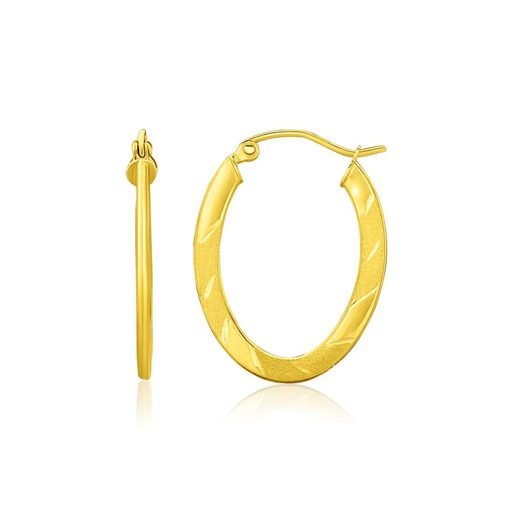 14K Yellow Gold Oval Shape Textured Hoop Earrings