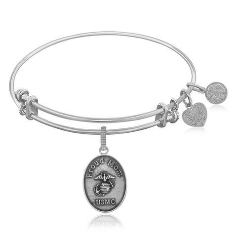 Expandable Bangle in White Tone Brass with U.S. Marine Corps Proud Mom Symbol