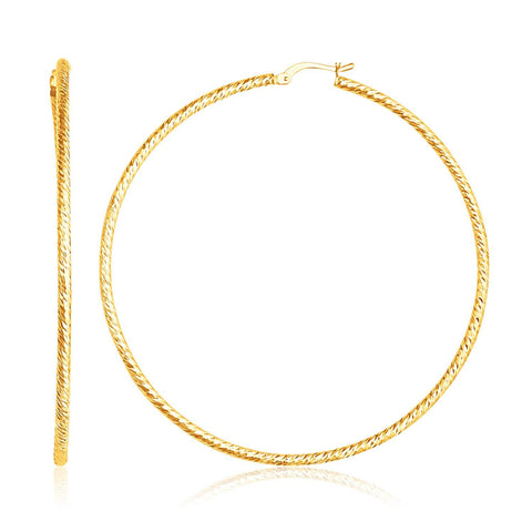 14K Yellow Gold Patterned Slender Extra Large Hoop Earrings