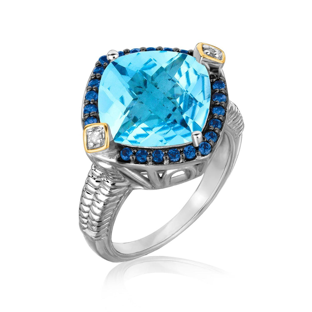 18K Yellow Gold and Sterling Silver Cushion Blue Topaz, Iolite, and Diamond Ring