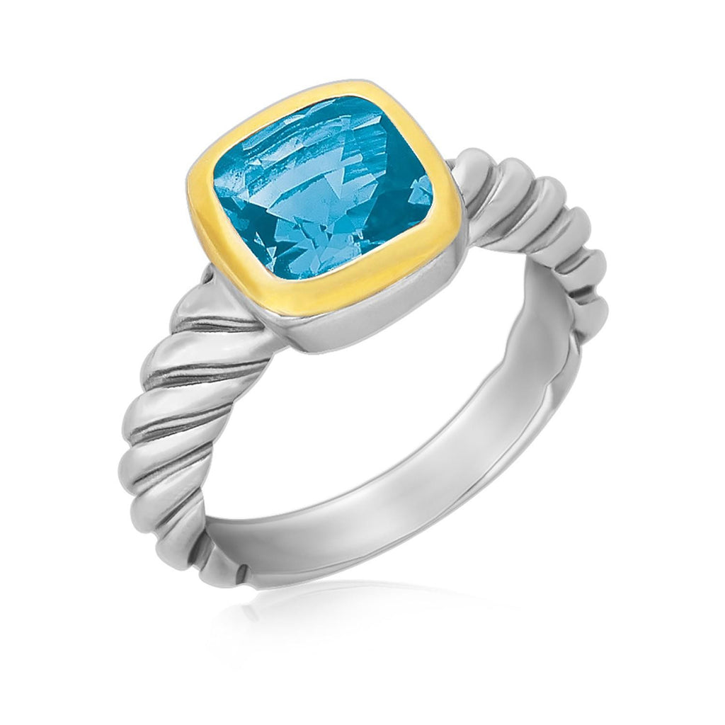 18K Yellow Gold and Sterling Silver Cable Style Ring with a Cushion Blue Topaz