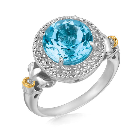 18K Yellow Gold and Sterling Silver Blue Topaz and Diamond Fleur De Lis Ring