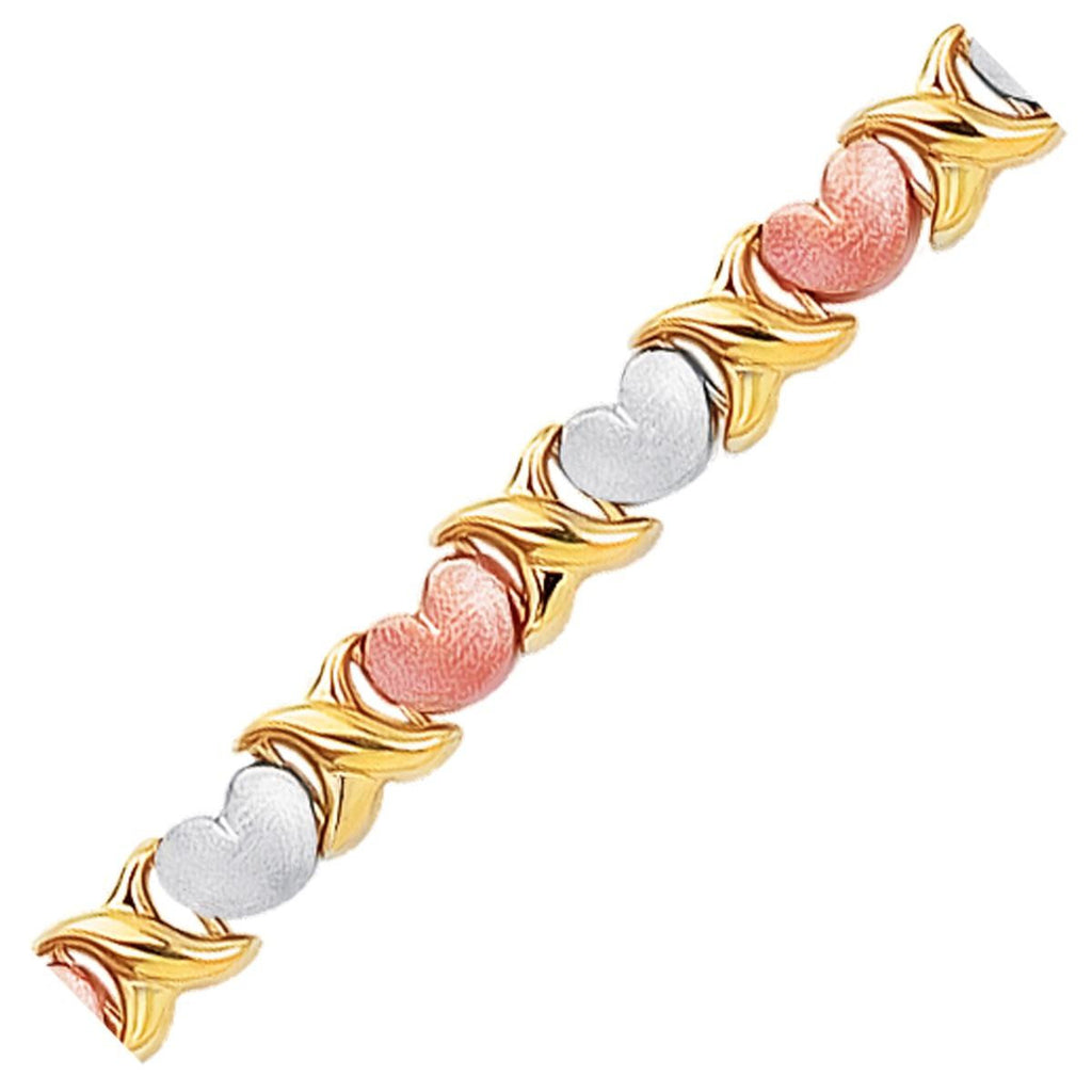 14K Tri-Color Gold Fancy Satin Heart Line Bracelet