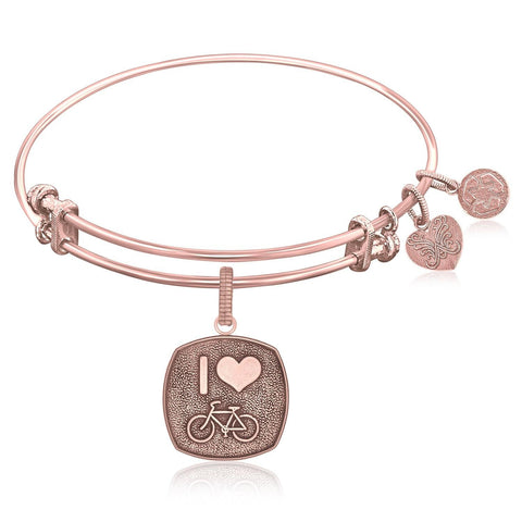 Expandable Bangle in Pink Tone Brass with I Love Bicycling Symbol