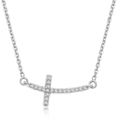 14K White Gold Curved Cross Diamond Studded Necklace (.11ct tw)