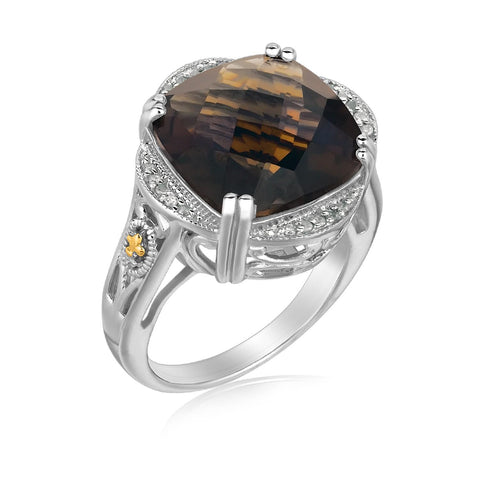 18K Yellow Gold and Sterling Silver Smokey Quartz and Diamond Ring