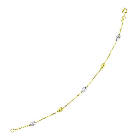 14K Two-Tone Gold Puffed Teardrop with Diamond Cut Station Bracelet