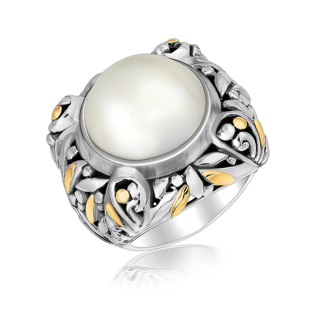 18K Yellow Gold and Sterling Silver Pearl Embellished Leaf Style Ring