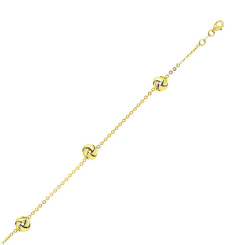 14K Yellow Gold Shiny Love Knot Station Chain Bracelet