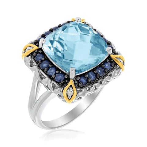 18K Yellow Gold & Sterling Silver Square Blue Topaz and Blue Sapphire Ring