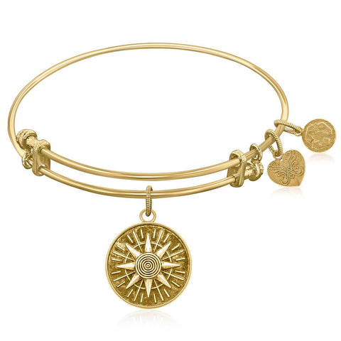 Expandable Bangle in Yellow Tone Brass with Compass Personal Direction Symbol